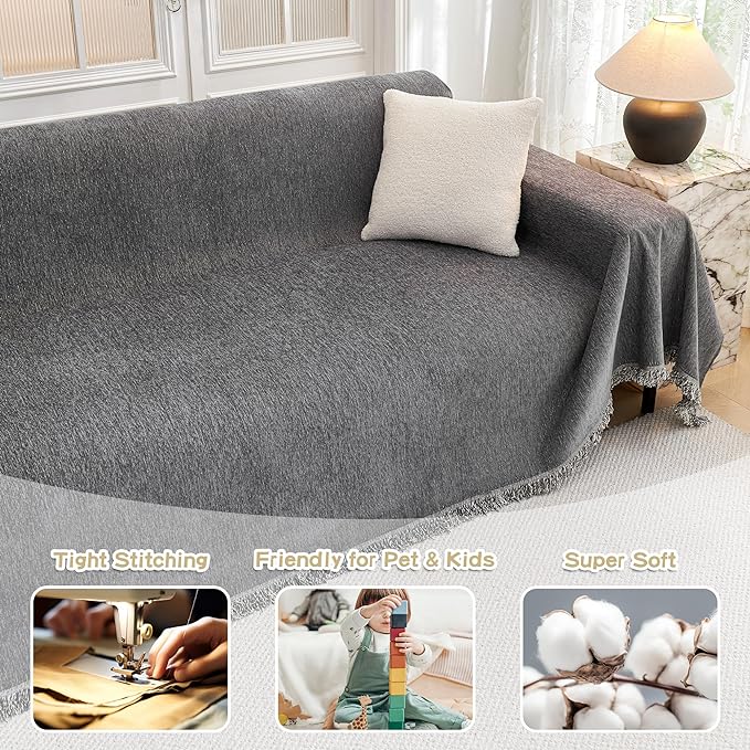 MYSKY HOME Couch Cover for Sofa Couch Covers for Pets, Non Slip Dogs Furniture Protector with Tassels for Living Room Non Slip Washable Furniture Protector Cover for Pet, Cat, 91"x118", Dark Grey