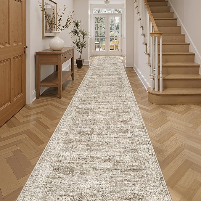 Runner Rug 2'6" x 14' Washable Non-Slip Runner Rugs for Kitchen Bathroom Laundry Room Vintage Ultra Thin Runners for Hallway Entryway Brown