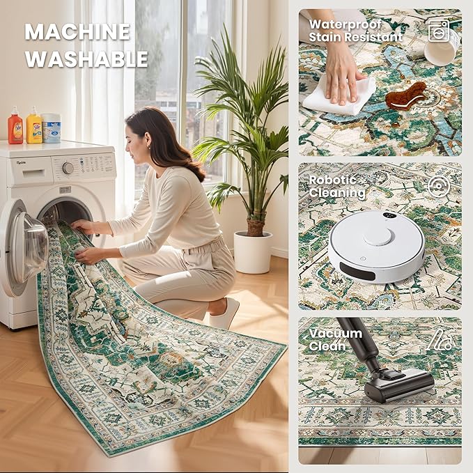 zesthome 8x10 Area Rugs,Stain Resistant Washable Rug,Ultra-Thin Rugs for Living Room,Bedroom,Non-Slip Backing Home Decor Large Area Rug (Green,8'x10')
