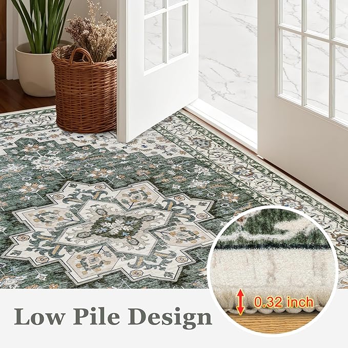 3x5 Area Rugs Living Room Rug: Washable Vintage Boho Medallion Rug No Slip Stain Resistant Soft Carpet Indoor Large Carpets for Bedroom Dining Room Farmhouse Nursery Hallway Home Office Green Ivory