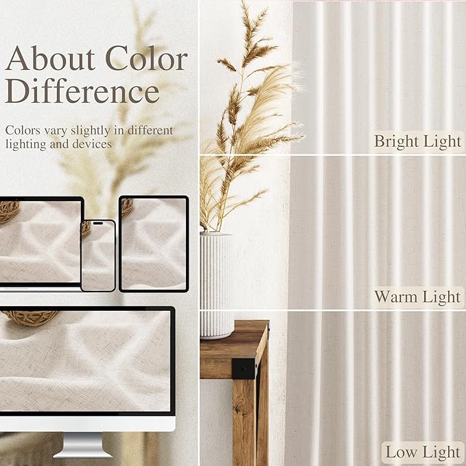 Beige Flax Linen Curtains 90 Inches Long for Bedroom 2 Panels Back Tab Loop Pocket Privacy Neutral Semi Sheer Curtains Country Rustic Farmhouse Light Filtering Drapes for Living Dining Room 40x90