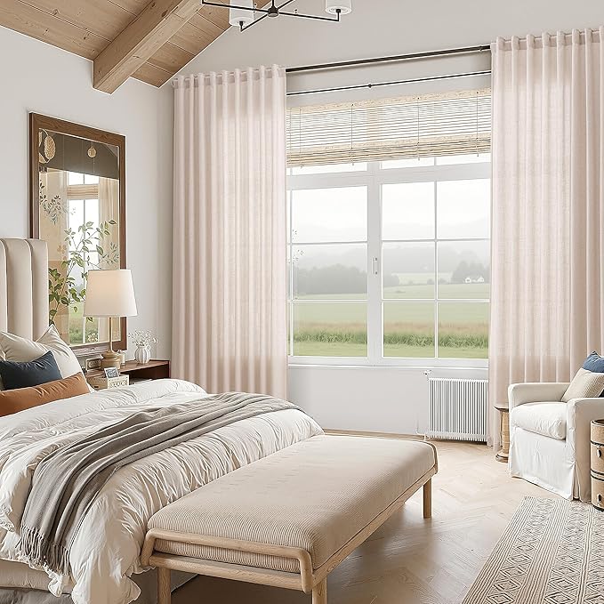 Nanspring Natural White Linen Curtains 108 Inches Long for Living Room Burlap Textured Neutral Farmhouse Sheer Curtains Back Tab Floor to Ceiling High Window Curtain for Bedroom 52x108, 2 Panels