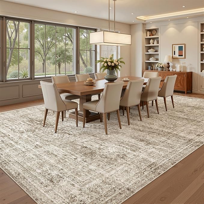 Soalmost Washable Area Rug 8x12, Large Soft Rugs for Living Room Vintage Brown Carpet 8x12 Area Rugs for Bedroom Dining Room Non-Slip Stain Resistant Under Table Rug