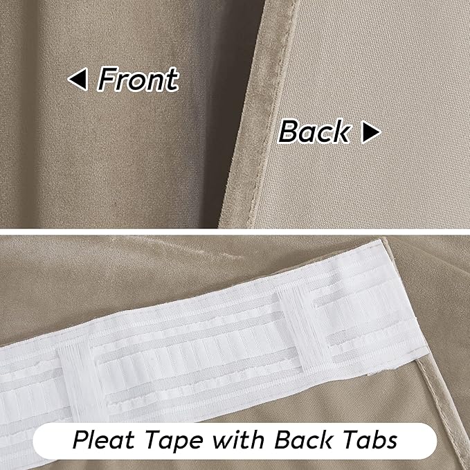 RYB HOME Camel Beige Velvet Curtains 72 inches Length with Hook Tape, Thermal Insulated Privacy Protect Decorative Drapes for Window, W 42 x L 72 inches, 2 Panels Set