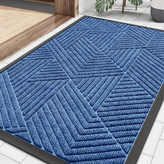 Smiry Front Door Mat Outside Entrance, Heavy Duty Sturdy Natural Rubber Doormat, Trap Dirt and Moisture, Easy Clean Low Profile Mats for Indoor Outdoor Entry, Irregular Triangle (29.5x17, Blue)