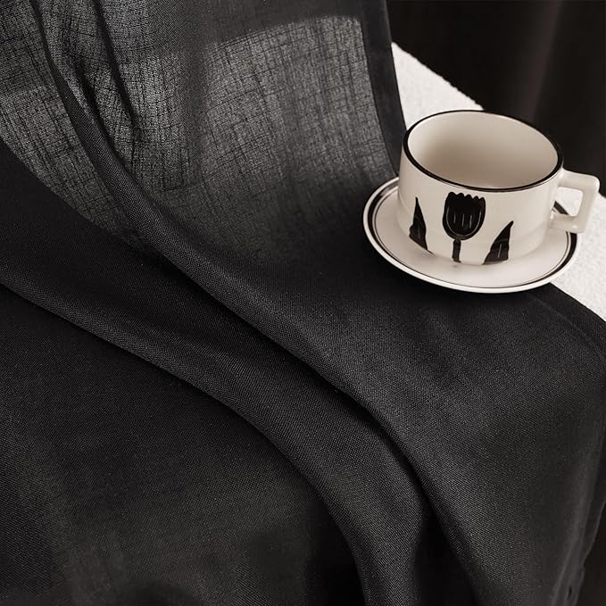 Black Linen Curtains 90 inches Long for Bedroom Back Tab Light Filtering Privacy Semi Sheer Black Curtains Living Room Boho Rustic Farmhouse Cotton Textured Gauze Curtain 2 Panel Set