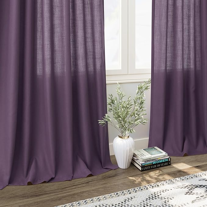 Extra Long Plum Linen Curtains 120 Inch for Living Room 2 Panels Set Rod Pocket Back Tab Linen Window Drapes Semi Sheer Light Filtering Privacy High Ceiling Drapes for Farmhouse 52x120