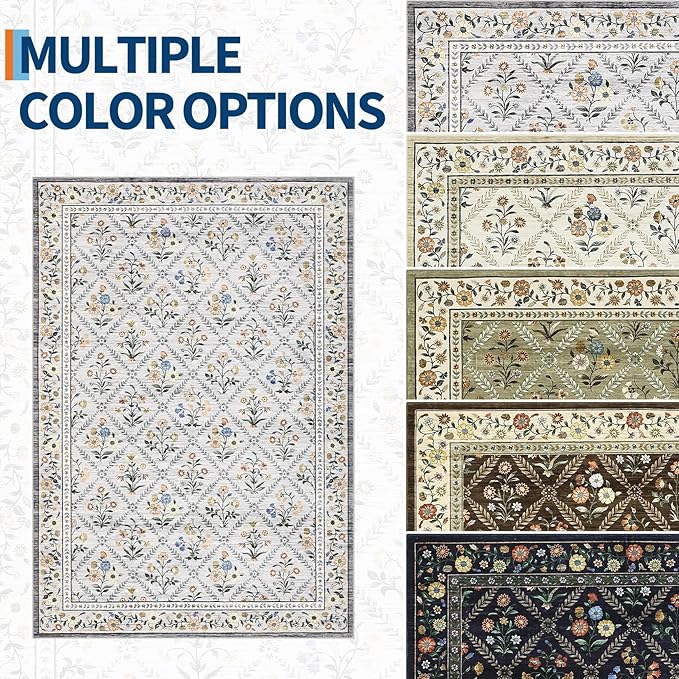 GarveeHome Living Room Rug 5x7 Rug Machine Washable Stain Resistant Area Rug Non Slip Floral Vintage Low Pile Rugs for Living Room, Bedroom, Farmhouse, Dining Room, Kids PlayroomGrey Beige