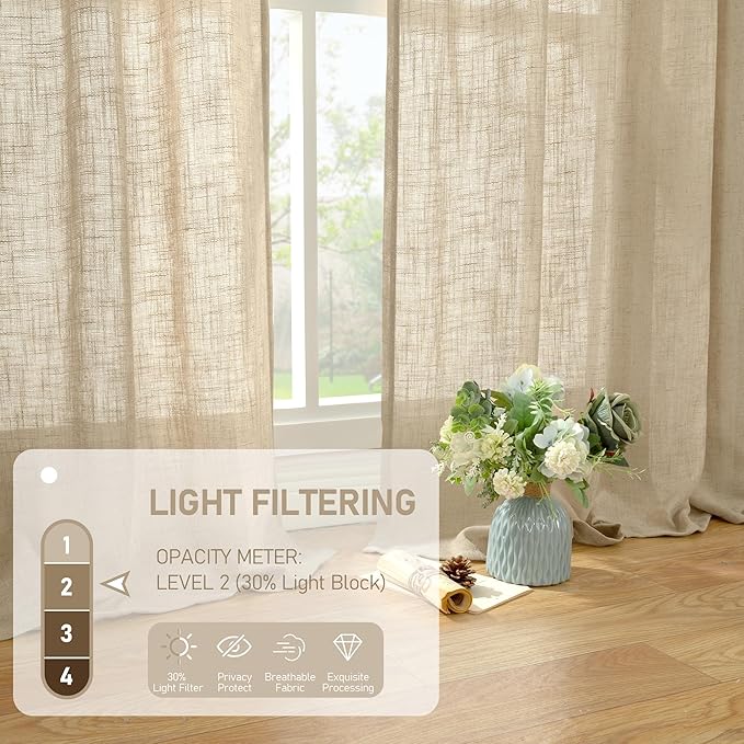 LAMIT 84 Inch Long Linen Curtains for Living Room 2 Panels Set, Light Filtering Semi Sheer Curtains Back Tab and Rod Pocket Neutral Panels for Bedroom, Brown, 60 x 84 Inch