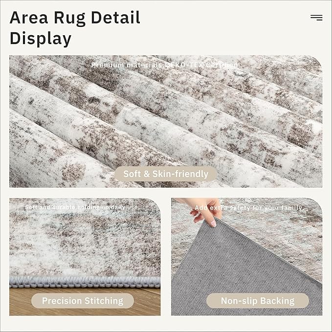 Soalmost 9x12 Area Rugs for Living Room, Non Slip Machine Washable Vintage Rugs, Low Pile Lightweight Large Rug for Bedroom, Dining Room, Home Office Grey Pink
