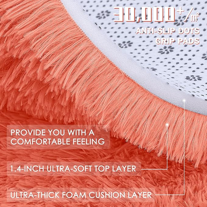 OLANLY 2x3 Machine Washable Small Bedside Rug, Soft Fluffy Shaggy Entryway Throw Rugs for Bedroom, Living Room, Indoor Floor Carpet for Kids Girls and Boys, Home Decor Aesthetic, Coral Red