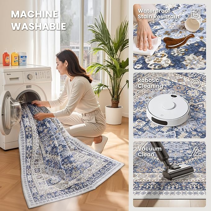 zesthome 4x6 Rug - Stain Resistant Washable Rug, Anti Slip Backing Rugs for Living Room, Foldable Vintage Small Area Rugs (Blue/Beige,4'x6')