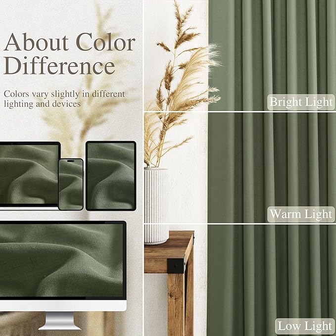 Nanspring Forest Green Linen Curtains 96 Inches Long for Living Room Light Filtering Semi Sheer Curtain Back Tab and Rod Pocket Wabi Sabi Boho Decor Drapes for Bedroom Office 52x96, 2 Panels