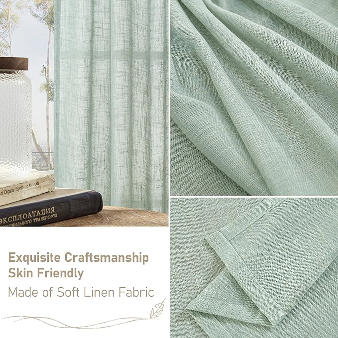 LAMIT Light Sage Linen Curtains 45 Inches Long for Bedroom, Light Filtering Panels Back Tab and Rod Pocket Neutral Drapes for Kitchen/Window/Loft Room, 52 x 45 Inch, 2 Panels