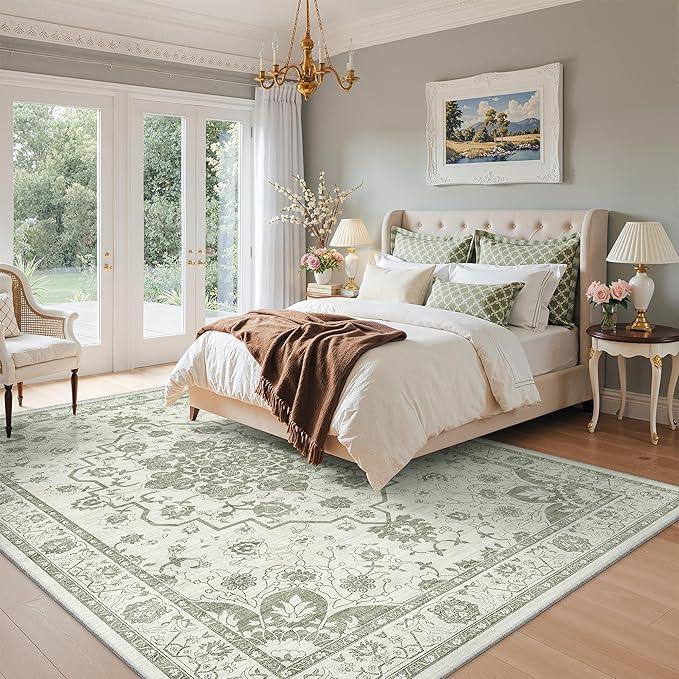 Madane 8x10 Area Rugs for Living Room, Machine Washable Vintage Green Rug with Non-Slip Backing, Soft Throw Large Rug, Thin Carpet for Bedroom Dining Room Farmhouse Under Table, Green/Ivory