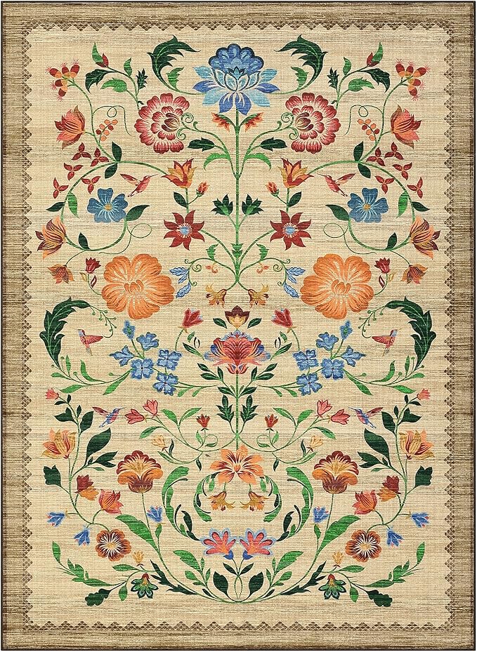 GarveeHome Washable Rug 3x5 Area Rugs for Living Room, Floral Rug for Bedroom, Soft Boho Non Slip Throw Rugs with Rubber Back, Low Pile Stain Resistant Vintage Floral Carpet for Dining Room, Beige