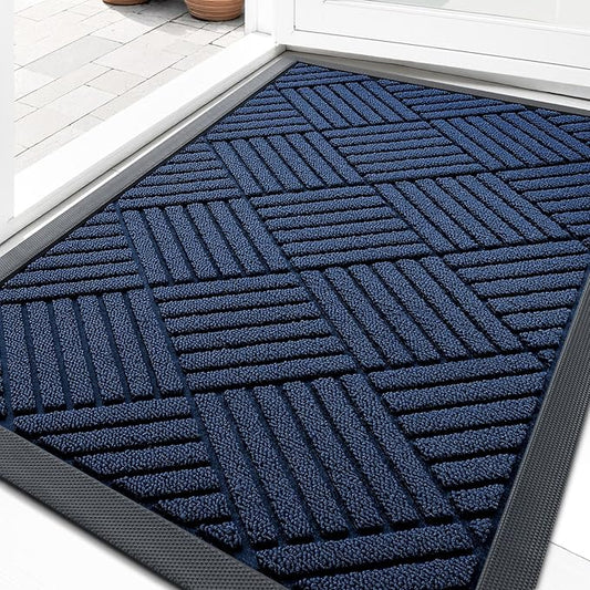 OLANLY Front Door Mat Outside Entrance 33x21, Absorbent, Heavy Duty Sturdy Natural Rubber Doormat Indoor Outdoor, Stain Fade Resistant, Non-Slip Low Profile Floor Mat for Entryway, Navy Blue Diamond