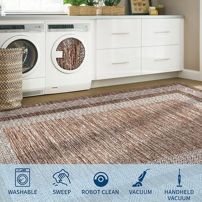 GarveeHome Modern Geometric Rug 4x6 Washable Rug for Living Room, Soft Non Shedding Indoor Carpet with Non Slip TPR Backing, Low Pile Thin Foldable Printed Floor Mats for Dining Room, Brown