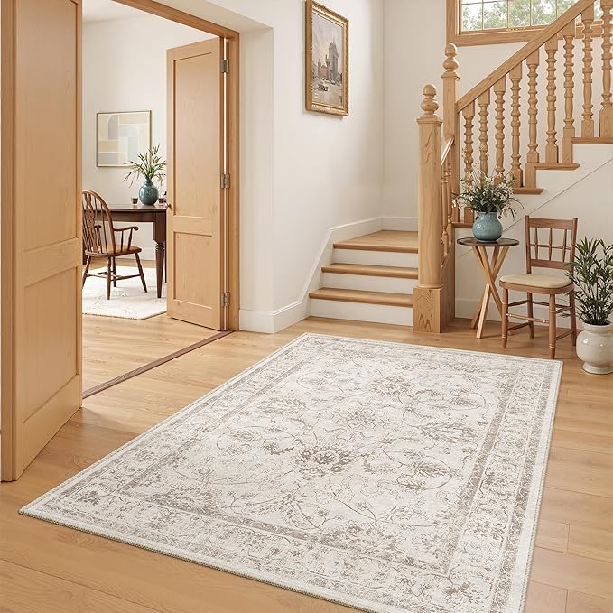 Madane Washable Area Rug 4x6, Low Pile Stain Resistant Vintage Area Rugs, Non Slip Accent Rug Floral Print Indoor Mat for Living Room Kitchen Bedroom, Brown/Ivory