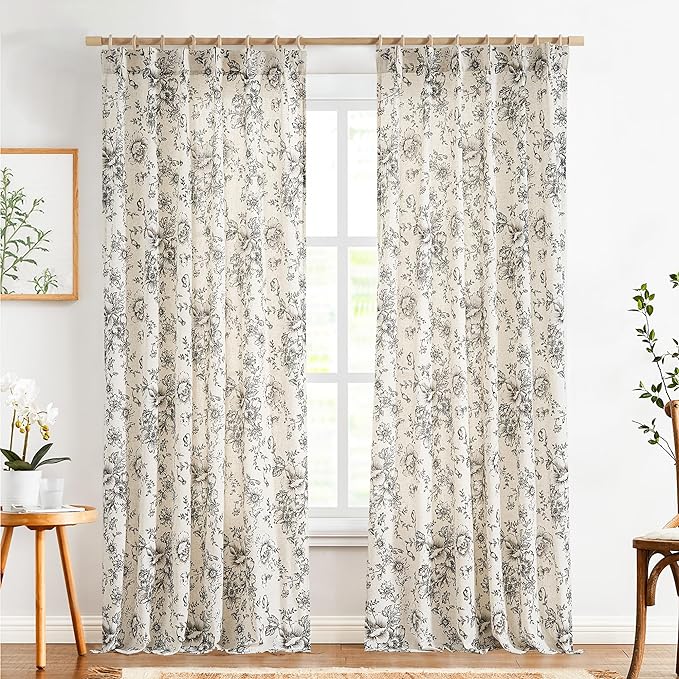 jinchan Pinch Pleated Curtains Floral Linen Blend Curtains for Living Room 96 Inches Length Black Peony Flower Printed Curtain Rod Pocket Back Tab Farmhouse Pinch Pleat Drapes with Hooks Set 2 Panels
