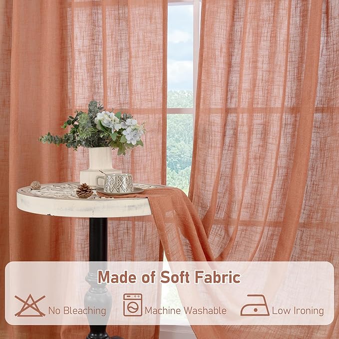LAMIT Terracotta Semi Sheer Linen Curtains 24 Inch Long, Light Filtering Panels Back Tab and Rod Pocket Neutral Drapes for Cafe/Bathroom/Small Window, 2 Panels, 34 x 24 Inch
