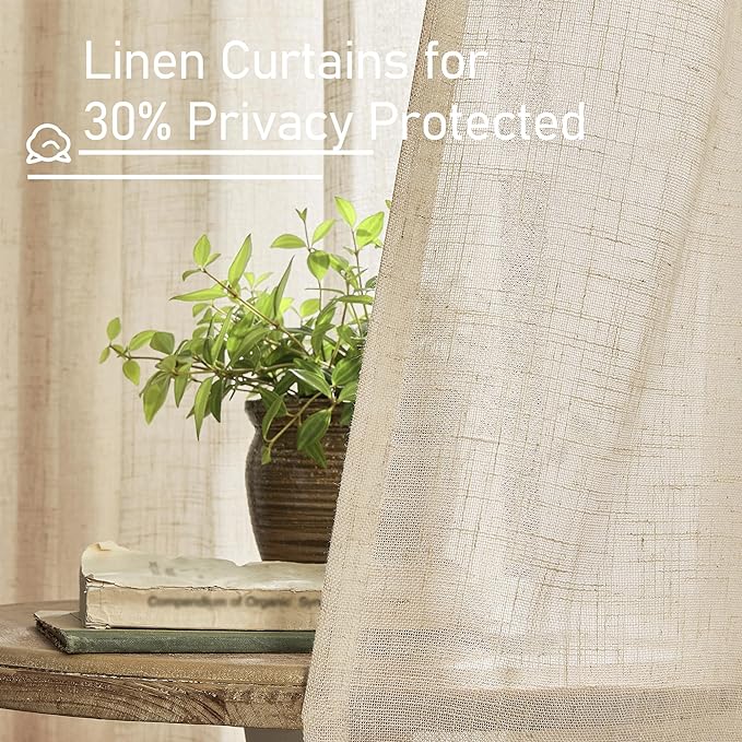 LAMIT Semi Sheer Linen Curtains 36 Inch Length 2 Panels, Light Filtering Panels Back Tab and Rod Pocket Neutral Drapes for Cafe/Kitchen/Loft Room, Linen, 25 x 36 Inch