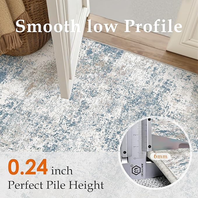 Blue 3x5 Area Rug Washable Abstract Office Carpet Modern Neutral Non Slip Indoor Entry Soft Low Pile Contemporary Aesthetic Door Mat Bedroom Throw Rug for Kitchen Laundry Dining Room