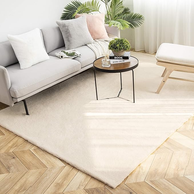 Ashler Faux Fur Rug, Ultra Soft Faux Rabbit Fur, Beige Area Rugs, 5 x 7 Feet Rectangle, Machine Washable Nursery Decor Throw Rugs for Bedroom, Kids Room, Living Room