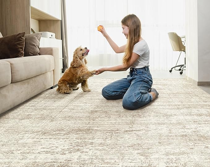 UERMEI 8x10 Area Rug Living Room Rugs - Washable Neutral Modern Abstract Soft Thin Rug Indoor Floor No Slip Rug Carpet for Bedroom Under Dining Table Home Office Decor - Beige/Brown