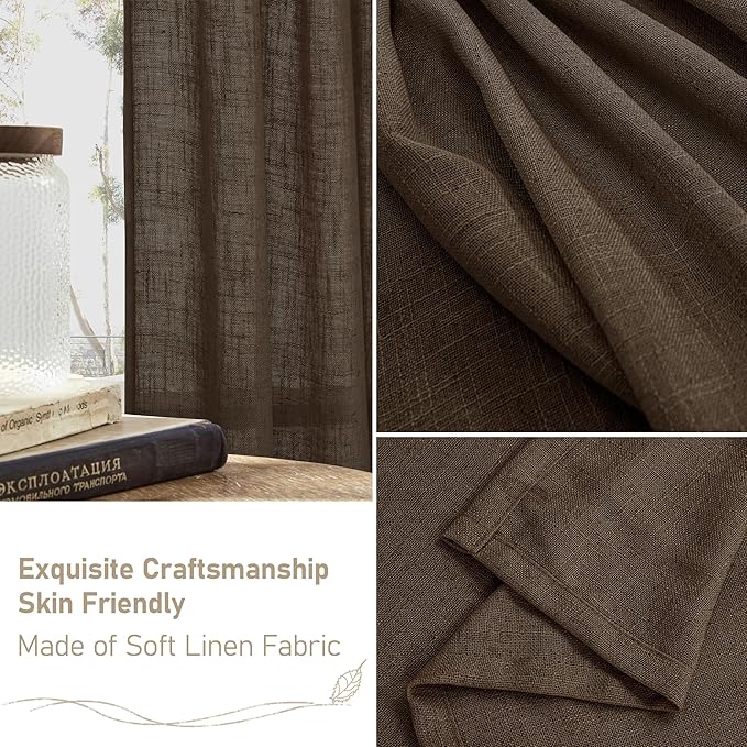 LAMIT Dark Brown 78 inch Linen Curtains for Living Room 2 Panels, Linen Textured Light Filtering Semi Sheer Back Tab and Rod Pocket Curtain Panels for Bedroom/Farmhouse, 52 x 78 Inch