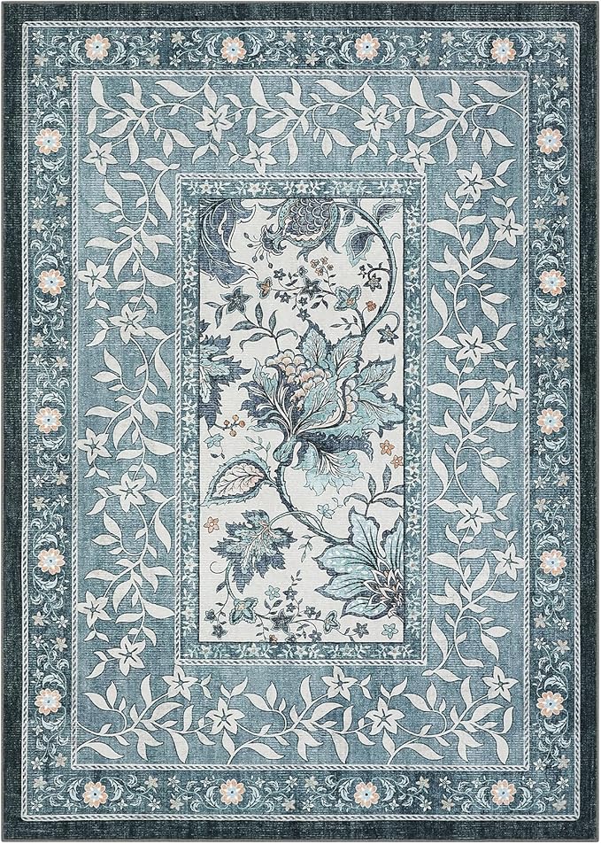 GarveeHome Provence Misty Blue 6x9 Area Rugs, Botanical Grove Vintage Cottagecore Non-Slip Washable Rug for Bedroom Living Room Nursery Kitchen Low-Pile Carpet