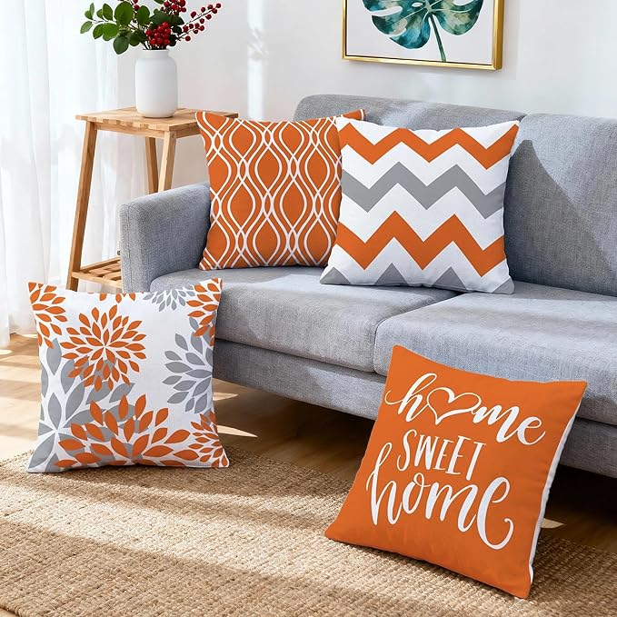 Hexagram Geometric Orange Pillow Covers 18x18 Set of 4, Decorative Outdoor Boho Modern Throw Pillow Covers, Home Sweet Home Farmhouse Cushion Case for Couch Sofa Bedroom Indoor Decor(No Insert)