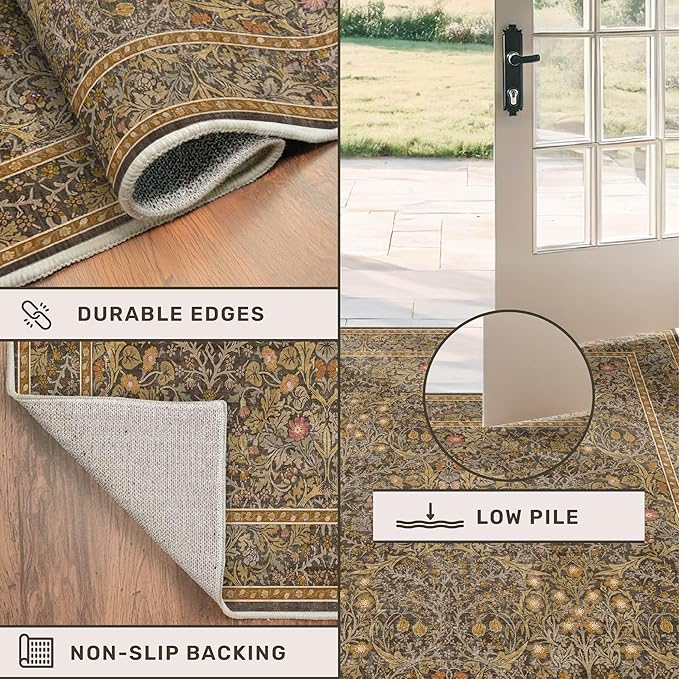 Hazo Haus Non Slip 2x10 Gold Brown Hallway Runner - 10ft Long Runner Rugs, Washable Kitchen Floor Mat - Vintage Floral Design Décor