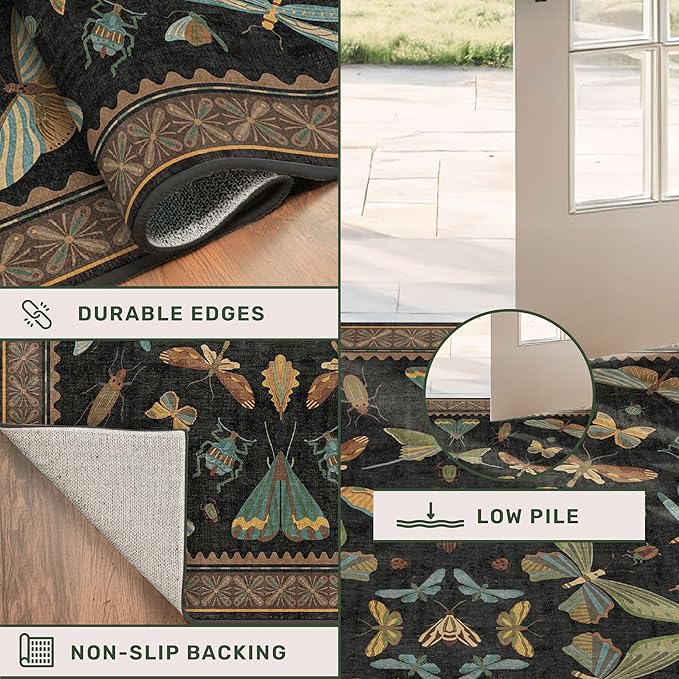 Black Insect 2'6"x12' Washable Extra Long Runner Rugs for Hallways, Non Skid Stain Resistant Wide Rug Runners for Kitchen, Entryway, Mudroom, Dark Cottagecore Boho Butterfly Pattern Indoor Décor