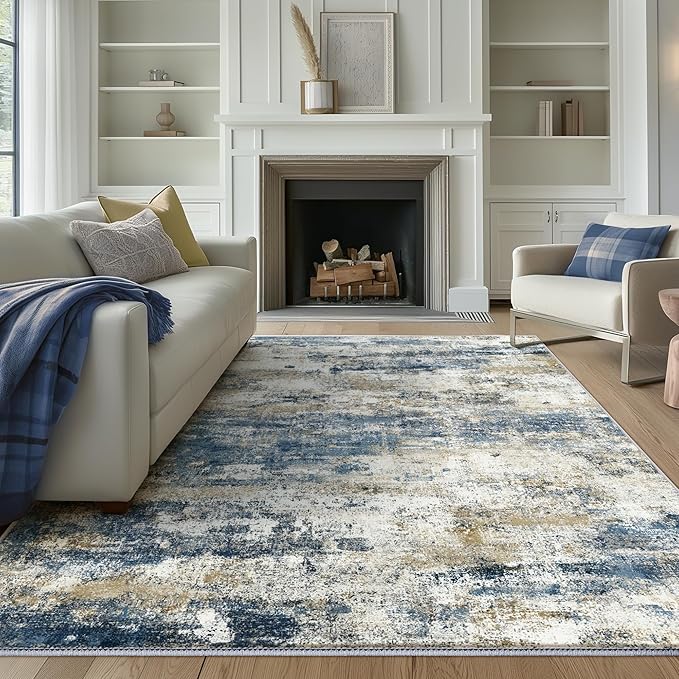 BEIMO Area Rugs 10x14 for Living Room Bedroom, Modern Abstract Machine Washable Rug, Large Soft Low Pile Floor Carpet with Non Slip Backing for Dining Room, Navy Blue Beige