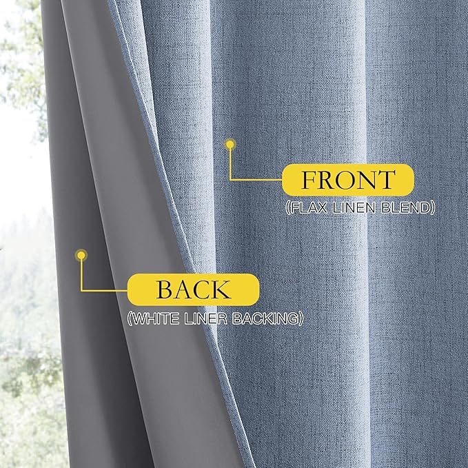 NICETOWN Stone Blue Vintage Linen 100% Blackout Curtains for Living Room, Thermal Insulated Curtains 72" Long, Noise Reducing Window Treatment Drapes for Hall Room, 52" Wide Per Panel, Set of 2