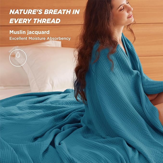 Bedsure 100% Cotton Muslin Blanket Queen Size for Bed - 4-Layer Breathable and Lightweight Thin Soft Summer Gauze Muslin Blankets for Adults, Teal, 90x90 Inches