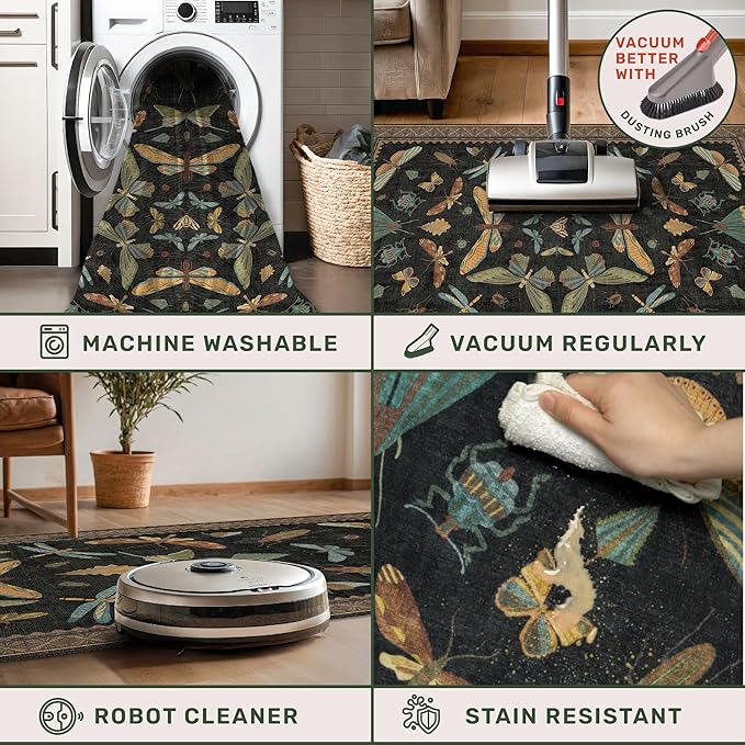 Black Washable 7x9 Large Area Rugs for Living Room, Vintage Insect Soft Rug for Bedroom, Dining Room Under Table, Boho Nature Butterfly Design - Low Pile Non Slip Carpet