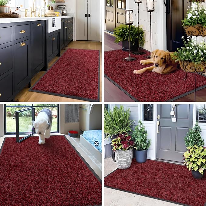 Mibao Front Door Mat, Dirt Trapper Welcome Mat for Outdoor Indoor, Non-Slip Waterproof Doormat, Durable Machine Washable Low Profile Entry Rug for Back Door Outside Patio Porch, 48" x 24", Red