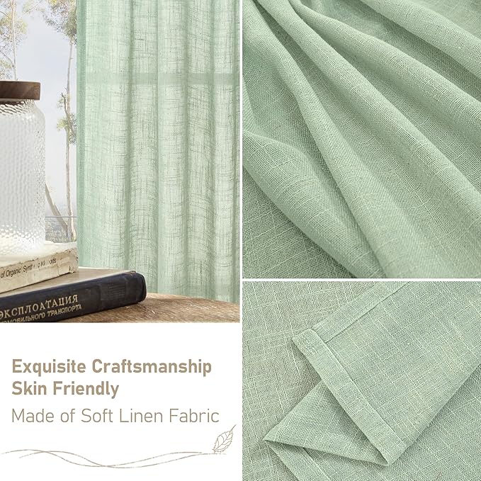 LAMIT Linen Curtains 90 Inch for Living Room, Back Tab and Rod Pocket Linen Textured Farmhouse Curtains Light Filtering Drapes for Bedroom/Dining Room, Fresh Green, Set of 2, 52 x 90 Inch