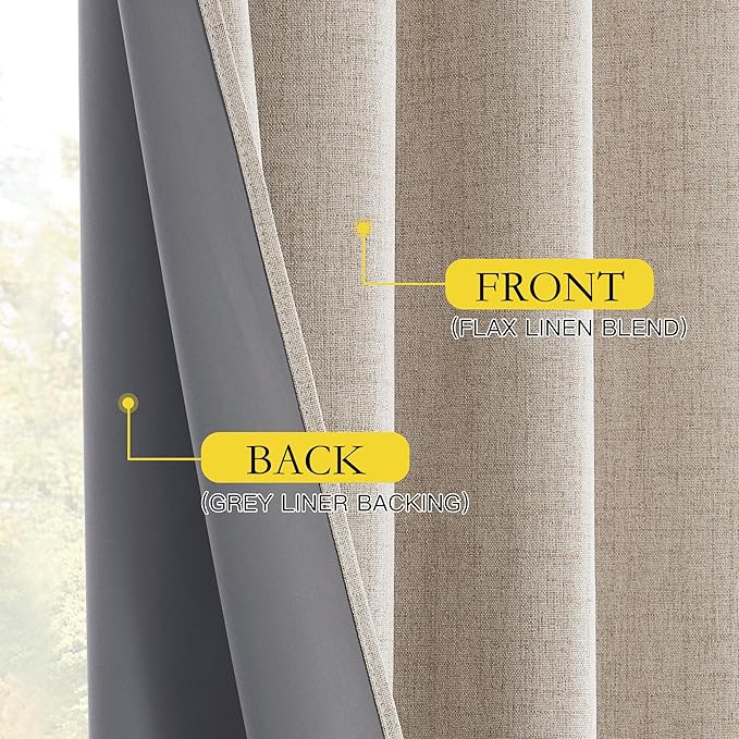 NICETOWN Oatmeal Full Blackout Boho-Chic Linen Curtains 84 inch Long 2 Panels Set for Cafe Window, 42 inch Wide, Thick Linen Blend Drapes, Insulated Window Covers Draperies with White Backing
