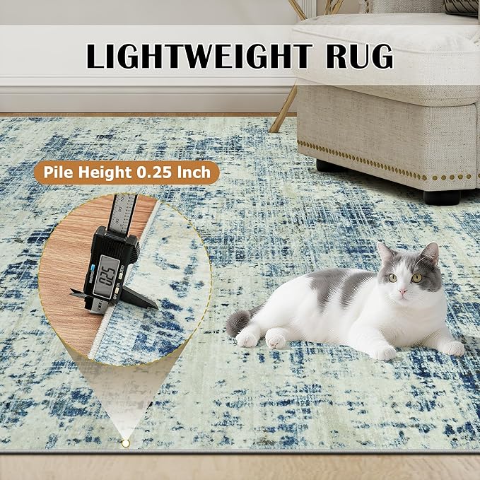 8x10 Area Rugs for Living Room Washable Rug: Anti-Skid Abstract Modern Living Room Rug Soft Thin Carpets Indoor Floor Non-Shedding Carpet for Bedroom Dining Farmhouse Nursery Blue Gray Gold