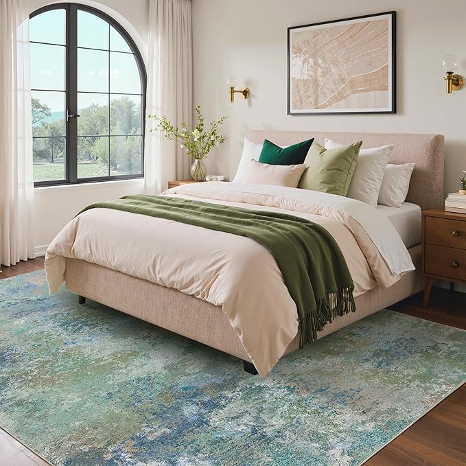 BEIMO Area Rugs 10x14 for Living Room Bedroom, Modern Abstract Machine Washable Rug, Large Soft Low Pile Floor Carpet with Non Slip Backing for Dining Room, Blue Green