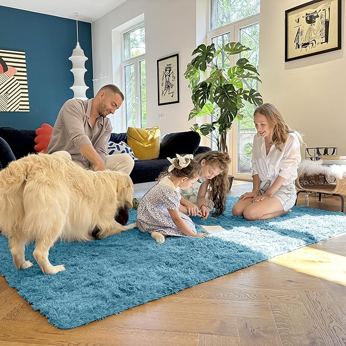 OLANLY 9x12 Machine Washable Large Area Rugs for Living Room, Bedroom, Soft Fluffy Shaggy Bedside Rug, Indoor Floor Carpet for Kids Girls and Boys, Dorms, Nursery, Home Decor Aesthetic, Slate Blue