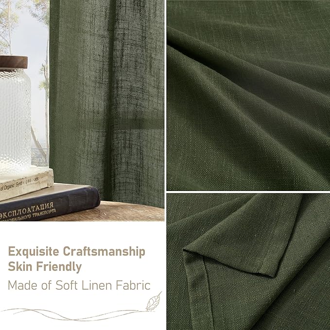 LAMIT Extra Wide Linen Curtains for Bedroom, Olive Green Light Filtering Faux Linen Textured Panels Semi Sheer Back Tab and Rod Pocket Boho Drapes for Living Room, 2 Panels, 60 x 84 Inch