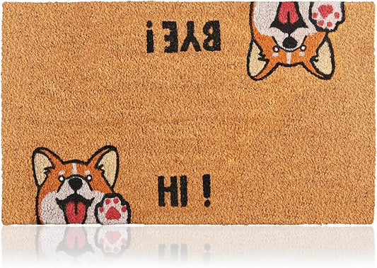 Hi-Bye Dog - 24"x36" - Coir Door Mat with Heavy Duty Backing - Welcome Mats for Entryway, Porch - Anti-Slip PVC & Coconut Fiber Surface - Natural Home Accessories, Minimalist Original Design