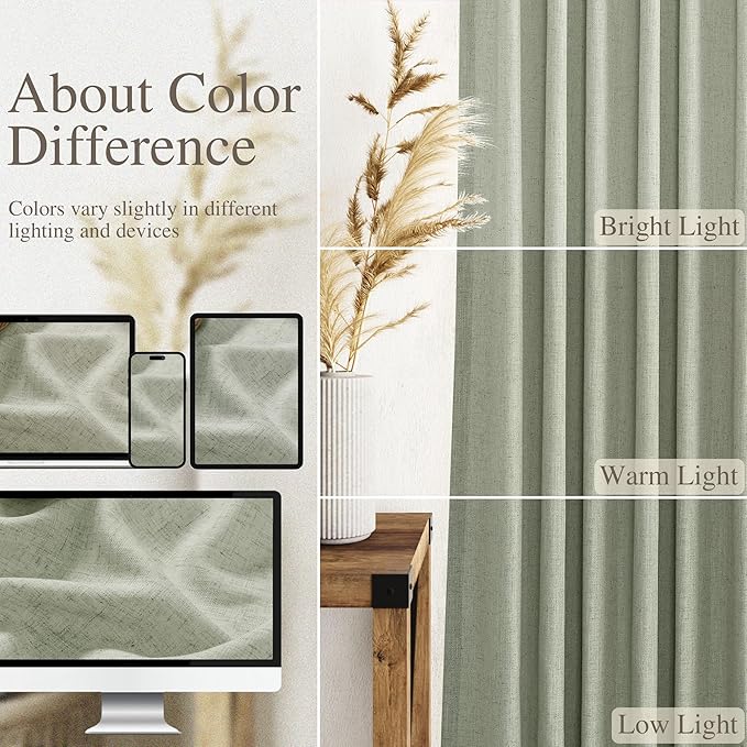 Sage Green Linen Textured 96 Inch Curtains 2 Panel Set Back Tab Rod Pocket Sheer Pleated Boho Room Decor Aesthetic Curtains Pale Green Burlap Look Curtain Drapes for Living Room Bedroom 8Ft 40x96