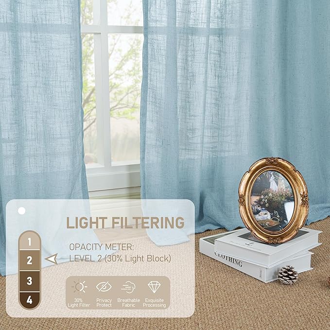 LAMIT Semi Sheer Linen Curtains 45 Inches Long, Light Filtering Panels Back Tab and Rod Pocket Country Decor Drapes for Farmhouse/Window/Bedroom, Stone Blue, 2 Panels, 52 x 45 Inch