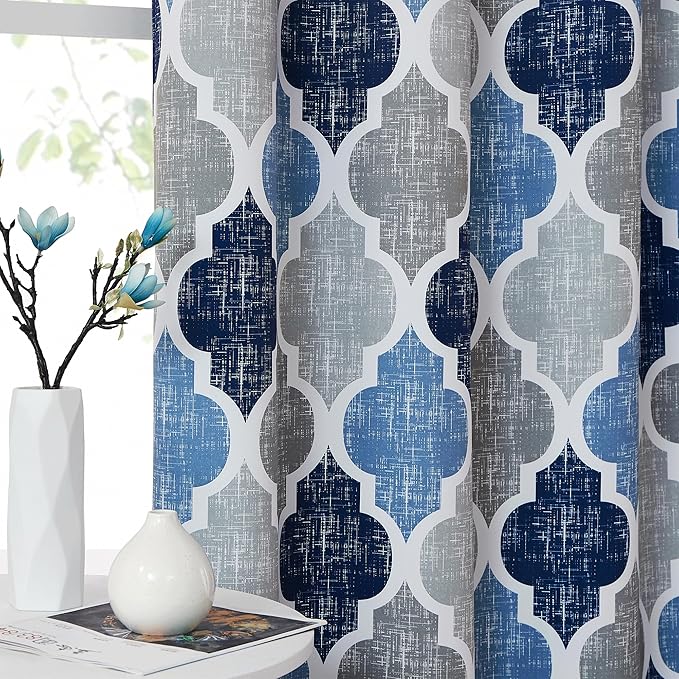 Beauoop 100% Blackout Curtains 96 Inches Long 2 Panels for Bedroom Living Room Blue Grey Moroccan Geo Room Darkening Thermal Insulated Soundproof Rod Pocket Back Tab Window Treatments Drapes, 50x96