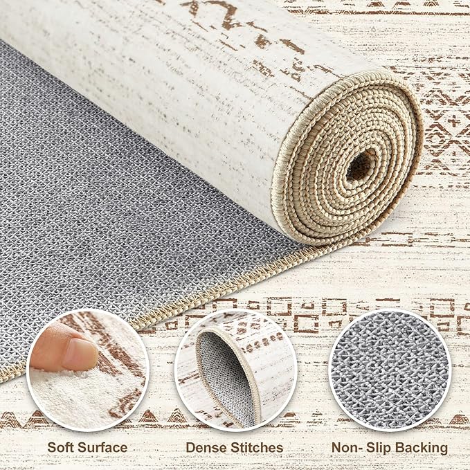 Nakagishi 7x9 Area Rug Living Room: Washable Boho Large Neutral Modern Soft Farmhouse Rugs Stain Resistant Indoor Floor Non-Slip Carpet for Bedroom Nursery Kids Playroom Office Dining Room- Brown